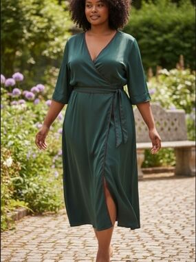 Eloquii Forest Green Wrap-Style Midi Dress with Tie Waist